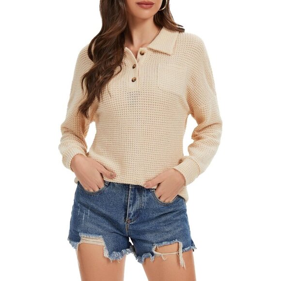 Womens Waffle Knit V-Neck Long Sleeve Button Top Casual Office Style - Picture 5 of 7